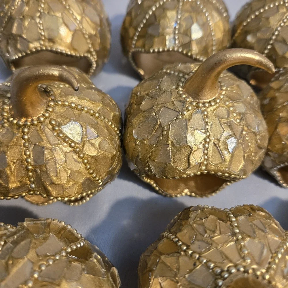 Set of 12 Gold Mosaic Pumpkin Napkin Rings Fall Thanksgiving Table Decor